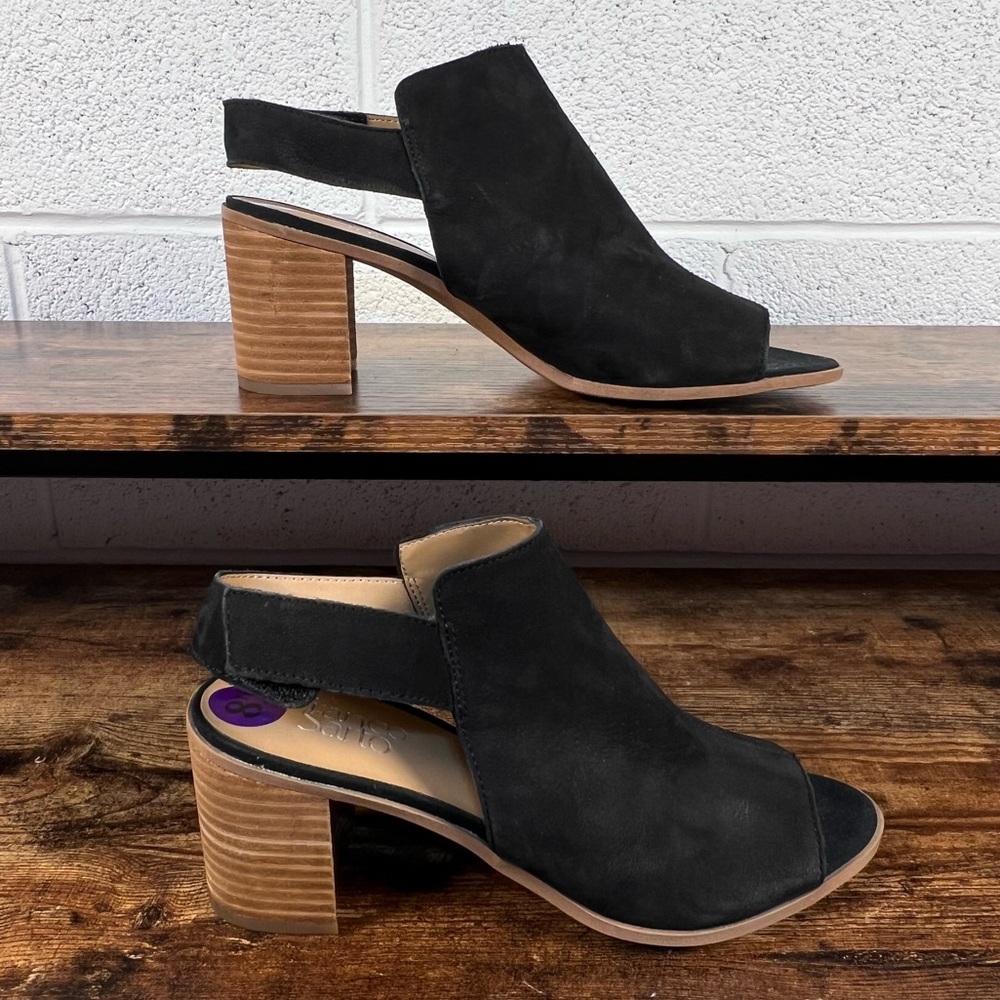 Franco Sarto Helix Stack Heel Shoes Sandals Peep Toe Black Suede Leather‎ 8.5
